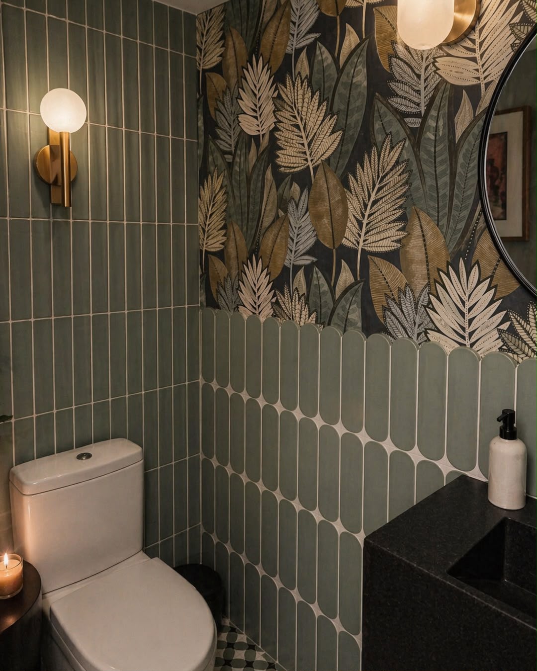 Medio Baño Tropical con Papel Tapiz y Cerámica Verde Musgo